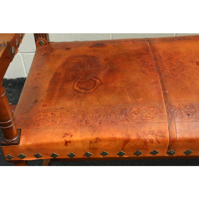Early 20th Century Spanish Colonial Style Carved Wood and Tooled Leather Long Bench For Sale - Image 15 of 18