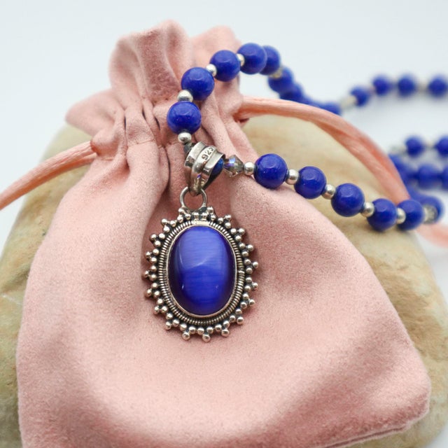 Metal Blue Catsite With Lapis Lazuli Sterling Necklace For Sale - Image 7 of 8