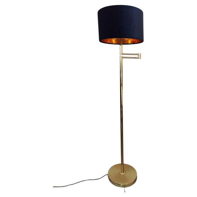 Mid-Century Swing-Arm Brass Floor Lamp with Black Velvet Shade, Germany, 1970s For Sale - Image 9 of 9