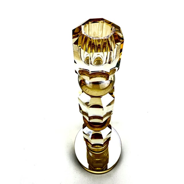 1990s Vintage Geometric Gold Tone Glass Pillar Candle Stick Holder For Sale - Image 5 of 11