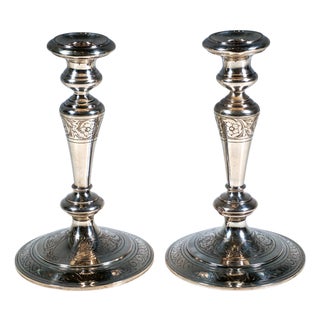 Art Nouveau Silver Candlesticks with Floral Engraving, 1890, Set of 2 For Sale