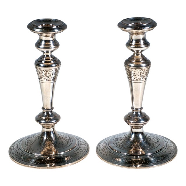 Art Nouveau Silver Candlesticks with Floral Engraving, 1890, Set of 2 For Sale
