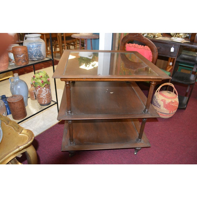 1960s 1960s Barbara Baker Style 3 Tier Square Wood & Glass Top Table W/ Columns & on Castors For Sale - Image 5 of 18