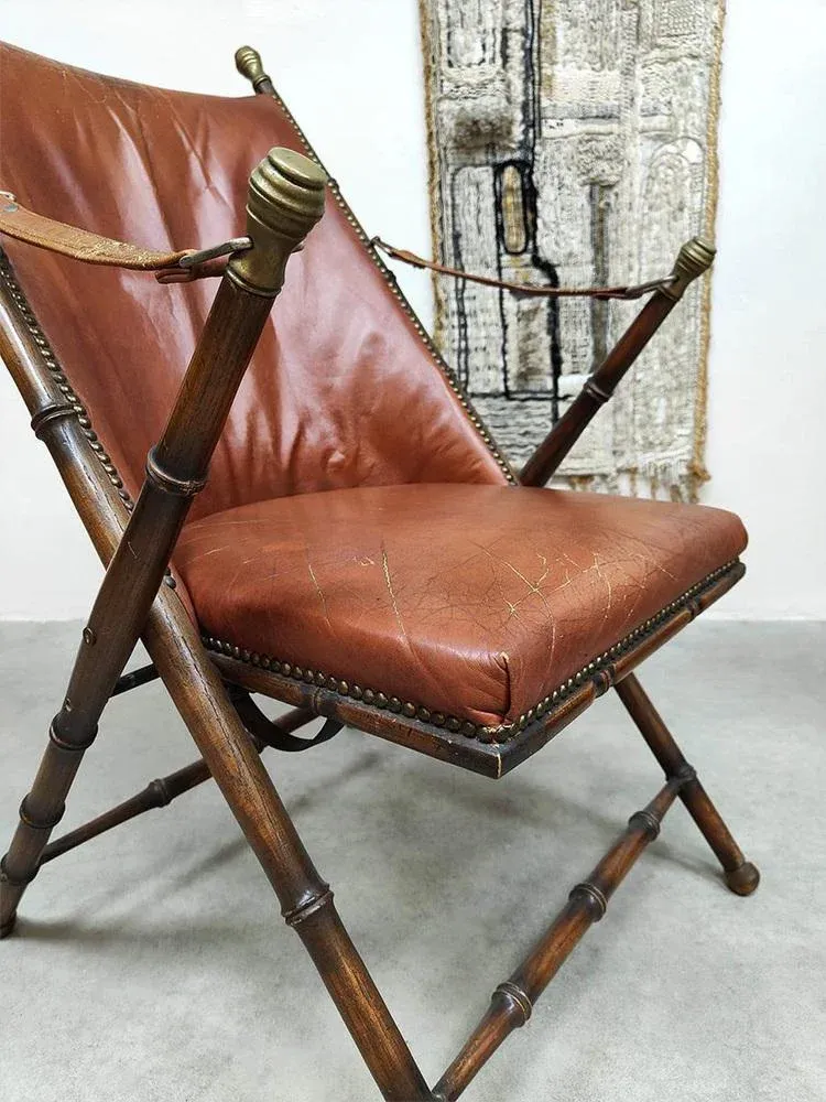 Vintage Faux Bamboo and Leather Folding Chair, 1950s | Chairish
