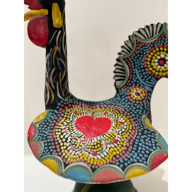 Vintage Portuguese Hand-Painted Ceramic Rooster of Barcelos Folk Art Sculpture – 14.5” Tall For Sale - Image 4 of 11