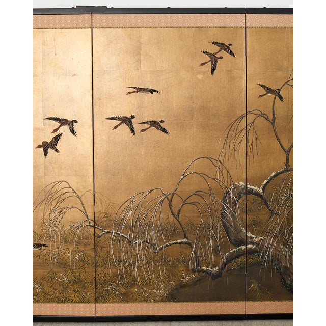 Mid 20th Century Japanese Showa Four-Panel Screen Wild Geese Autumn Landscape For Sale - Image 5 of 18