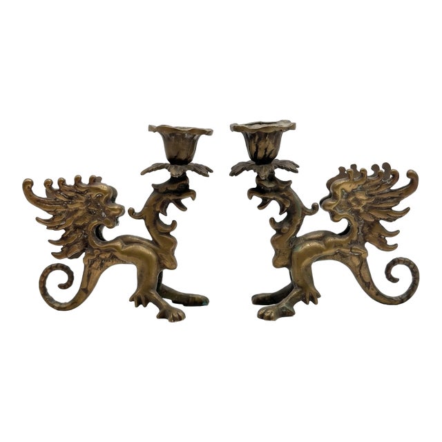 Antique Brass Mythical Griffin Candlestick Holders - A Pair For Sale