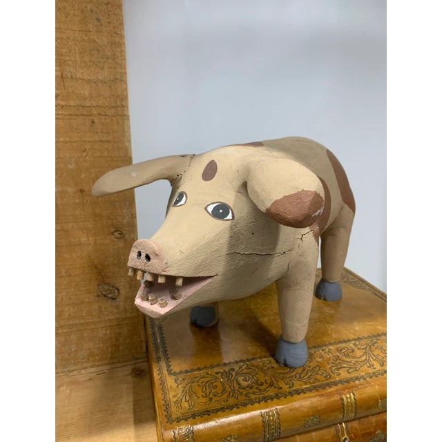 Farmhouse Vintage Carved Wooden Folk Art Pig by David Alvarez For Sale - Image 3 of 10