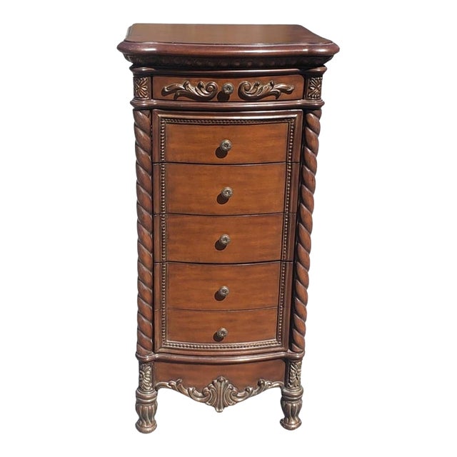 20th Georgian Style Carved and Parcel Gilt Mahogany Five-Drawer Jewelry Armoire For Sale