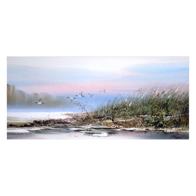 Mid-Century Modern Mid 20th Century "Geese in Flight" Landscape Painting by Ead Surachai, Framed For Sale - Image 3 of 4