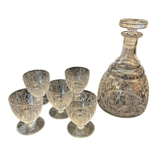 Baccarat Antique 1930s Crystal Lulli Pattern Art Deco Decanter and 5 Cups, Set of 6 Pieces Signed and Marked For Sale