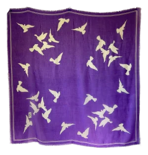 Ysl Écharpe De Laine Vintage Violet Avec Des Oiseaux
