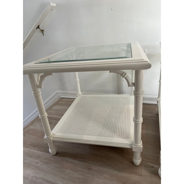 Pair of professionally refinished Lane 1970’s Alta Vista side tables. Classic Palm Beach, Hollywood Regency style. The...