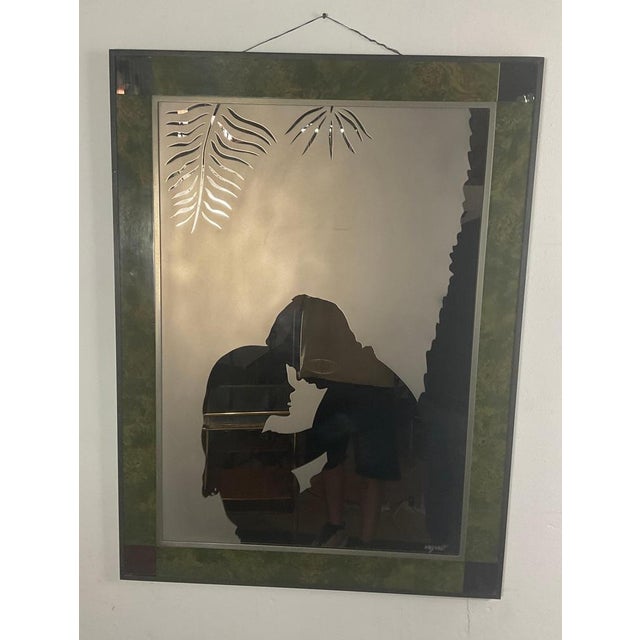 Nazareth painting from the 70s. with brass frame, glass carved on mirror and covered with a wooden surface at the back