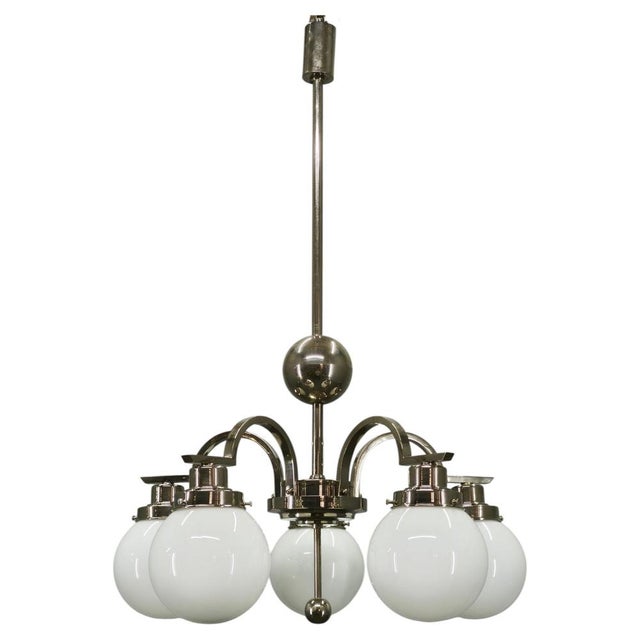 Art Deco Chrome 5-Light Chandelier, Former Czechoslovakia, 1930s For Sale - Image 14 of 14