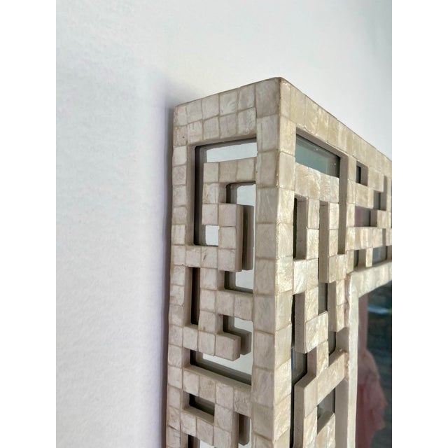 Wood Neiman Marcus Vintage Capiz Shell Fretwork Wall Mirror For Sale - Image 7 of 12