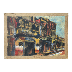 Vintage Impressionist Painting on Board of City Street Scene