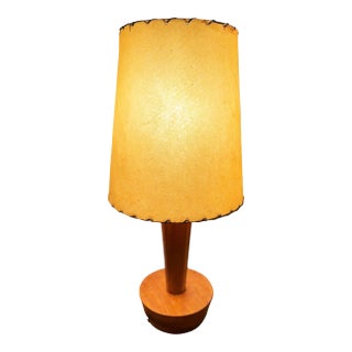 1950s Yasha Heifetz Style Geometric Mid-Century Oak Table Lamps W Whipple Stitch Shade For Sale
