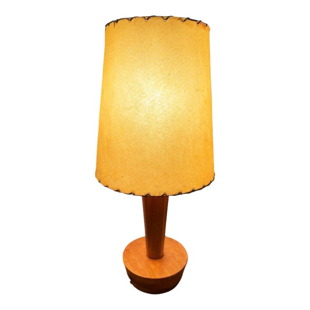 1950s Yasha Heifetz Style Geometric Mid-Century Oak Table Lamps W Whipple Stitch Shade For Sale