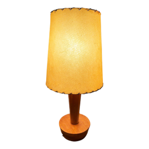 1950s Yasha Heifetz Style Geometric Mid-Century Oak Table Lamps W Whipple Stitch Shade
