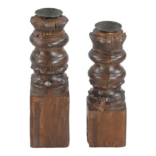 Vintage Repurposed Wood Candlesticks Set of 2 | Rustic Farmhouse Candle Holders | Hand Carved Architectural Salvage Pillar Decor Gift For Sale