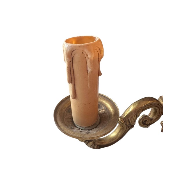 1950s Pair of Antique French Bronze Two-Arm Sconces – Heavy, Ornate Rococo Style, Natural Patina, Requires Rewiring For Sale - Image 4 of 9