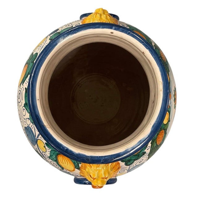 Ceramic Vintage Italian Majolica Style Lion-Head Lemon Motif Ceramic Urn Vase For Sale - Image 7 of 12