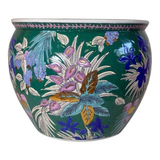 Vintage Hand-Painted Chinese Porcelain Koi Fish Bowl Planter - Tropical Floral Design With Metallic Accents For Sale