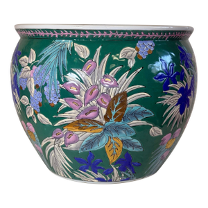 Vintage Hand-Painted Chinese Porcelain Koi Fish Bowl Planter - Tropical Floral Design With Metallic Accents
