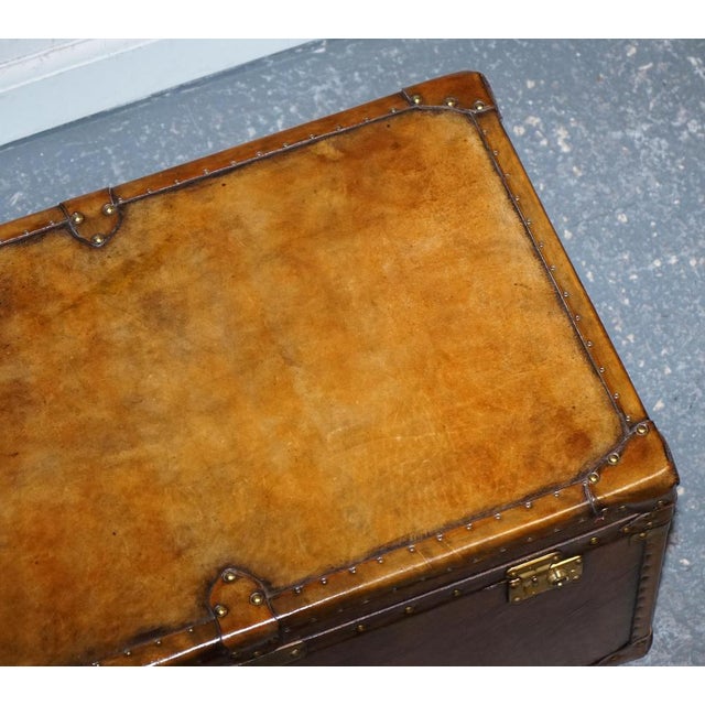 Vintage Hand-Dyed Brown Leather Lockable Storage Steamer Trunk For Sale - Image 9 of 18