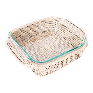 Artifacts Rattan Square Baker Basket with Pyrex in White Wash - 2 Pieces For Sale
