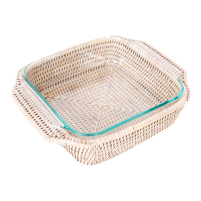 Artifacts Rattan Square Baker Basket with Pyrex in White Wash - 2 Pieces For Sale