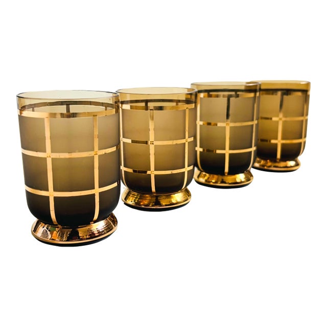 Gold Grid Smoke Glass Cordials - Set of 4 For Sale