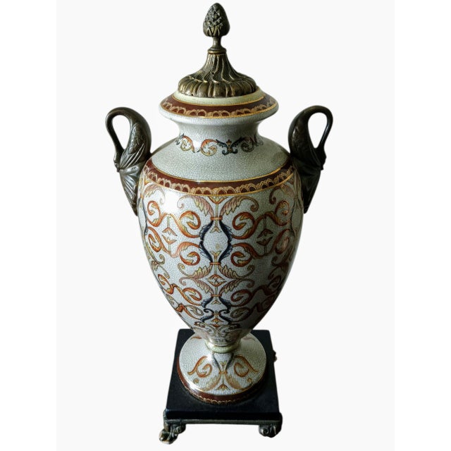French Provincial Vintage French Renaissance Rococo Table Lamps & Longwy-Style Ceramic Urn - Set of 3 For Sale - Image 3 of 12