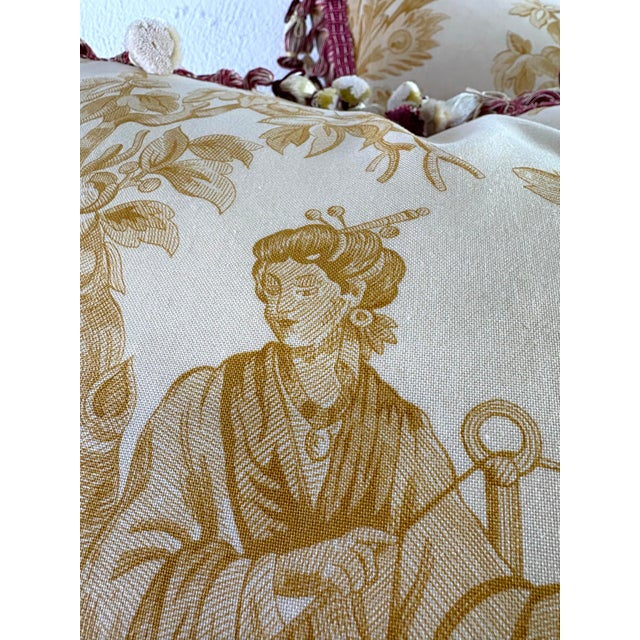 This is a pair of vintage Travers chinoiserie tasseled cotton print pillows. This vintage Travers fabric is a Chinese...