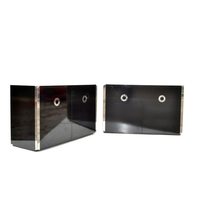 Willy Rizzo Black Laminated Wood & Chrome Sideboard, Dresser, Cabinet Italy Pair For Sale - Image 12 of 13