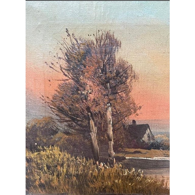 Realism Vintage Signed E. Heaton Oil Painting Landscape Sunset Cottage River For Sale - Image 3 of 5