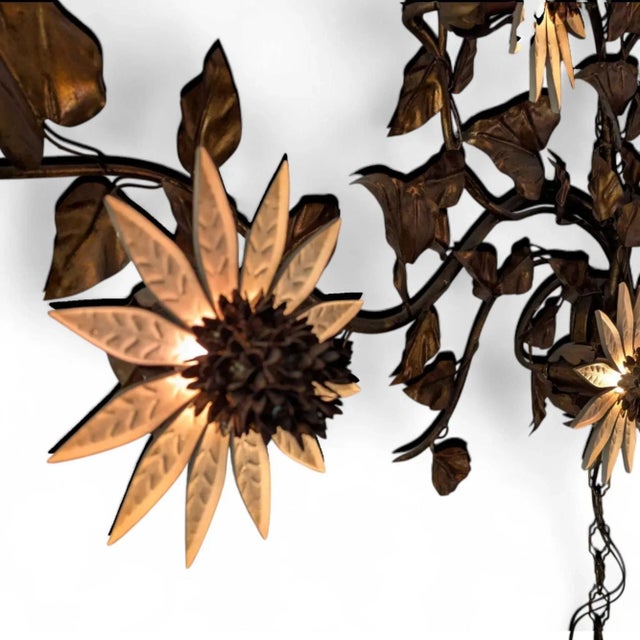 Metal Vintage Italian Gilt Tole Sunflower Light Fixture Wall Sconce, 1970s For Sale - Image 7 of 11