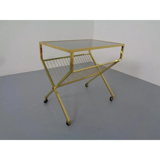 Mid-Century Modern French Brass & Glass Cart with Magazine Rack, 1960s For Sale - Image 3 of 16