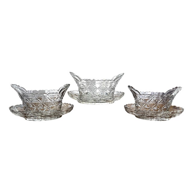 Georgian Irish Cut-Glass Bowls with Original Underplates, 1800s, Set of 3 For Sale