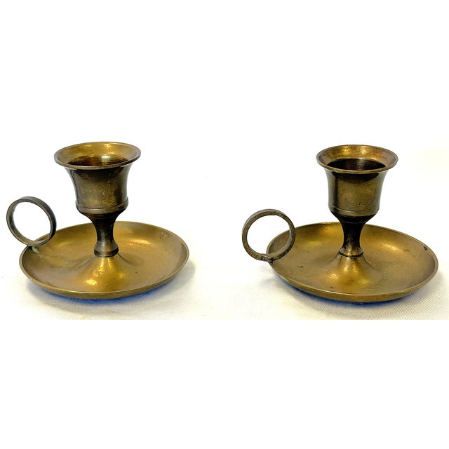 Mid 20th Century Vintage Solid Brass Chamberstick Candle Holder Made in India- A Pair For Sale - Image 5 of 11