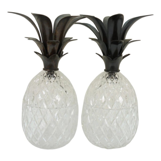 Set of 2 Vintage Castilian Imports Crystal & Bronze Lidded Pineapple Jars Urns Compotes For Sale