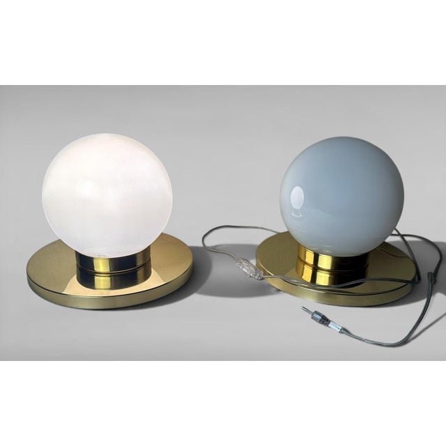 Modern Vintage Pair of Italian Lamps With Brass Bases and Opal Glass Shades For Sale - Image 3 of 16