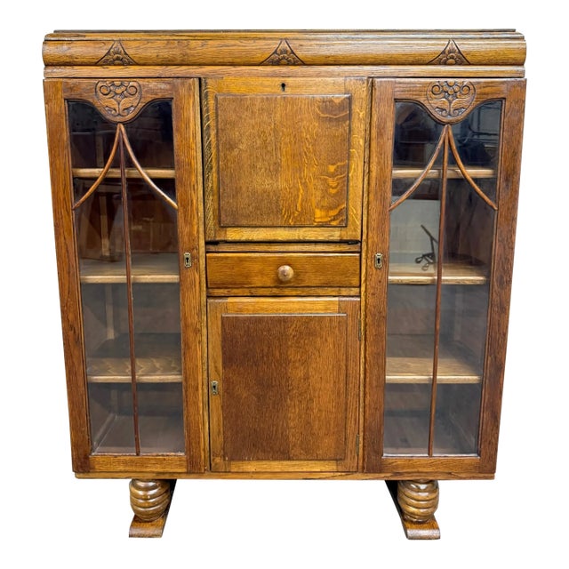 Antique Art Deco Oak Secretary Desk Bureau Bookcase Bar Scully For Sale