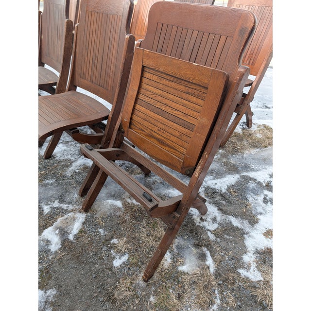 Antique Quartersawn Oak Folding Chairs, Steamboat Theater Seating, Set of 12 For Sale - Image 13 of 18