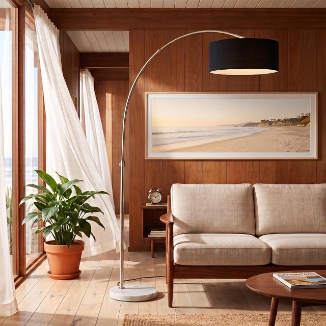 An authentic 1960s design by Peter Morelli, reborn for modern homes, this satin nickel and marble arc lamp isn't a...