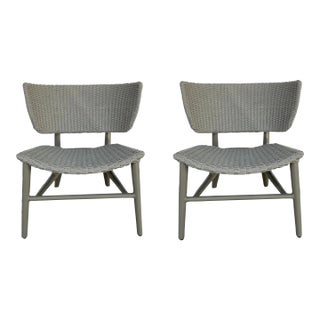 Barbara Barry for Baker Modern Gray Woven Outdoor Bow Slipper Chairs Pair For Sale