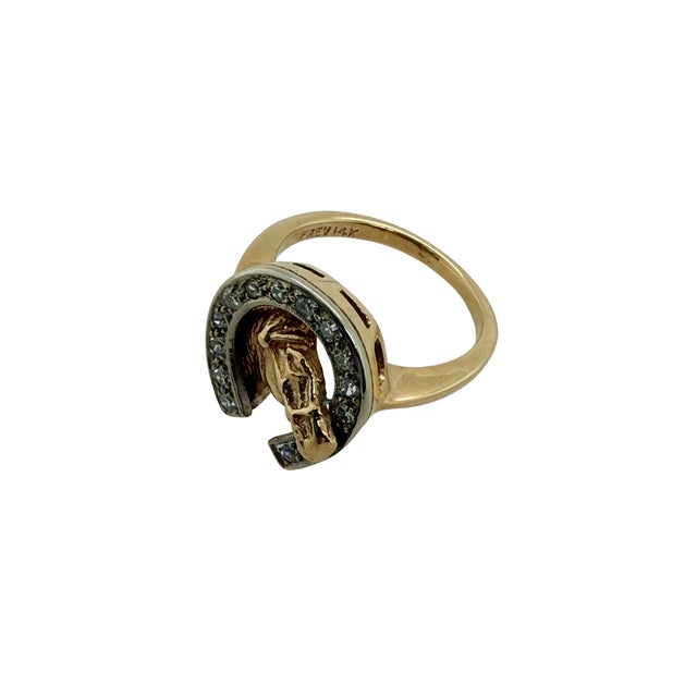 American Vintage 14k Gold and Diamond Horseshoe Ring With Horse Head, Circa 1950 For Sale - Image 3 of 5