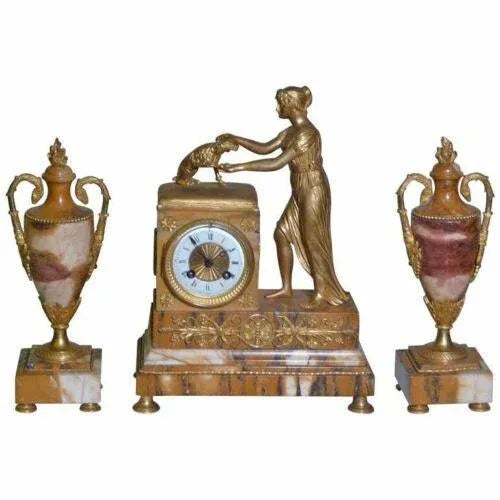 Metal 19th Century Fine French Empire Bronze Marble Clock with Garnitures Signed - 3 Pieces For Sale - Image 7 of 7