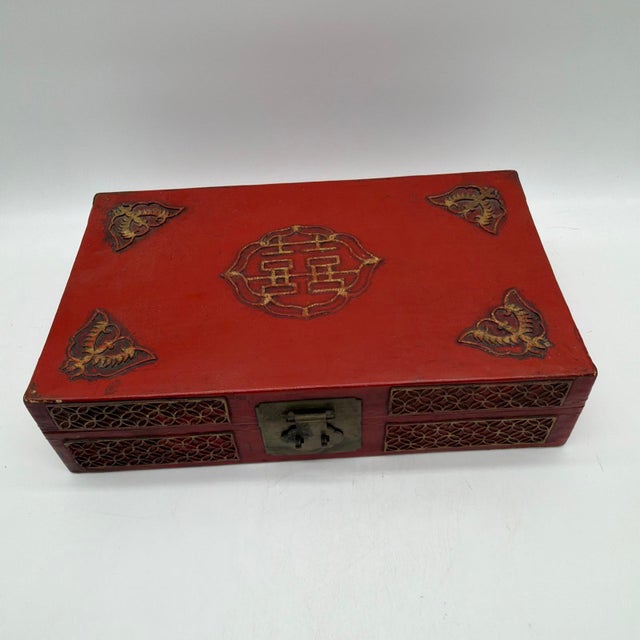 Animal Skin Vintage Chinese Red Leather & Wood Wedding Box With Double Happiness Motif For Sale - Image 7 of 12